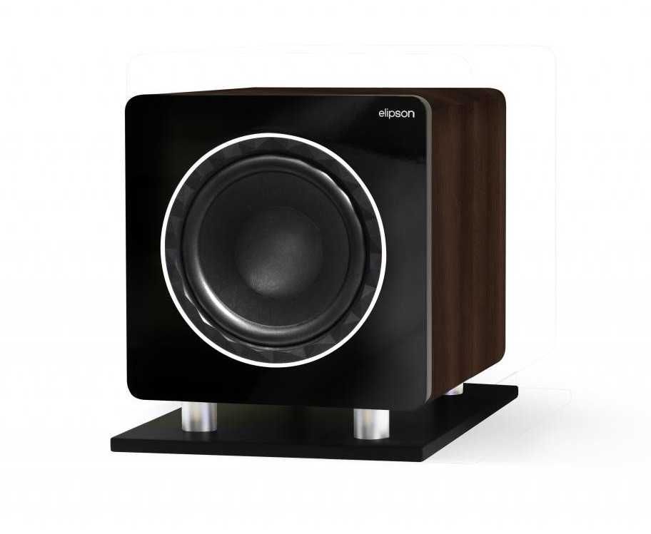 Ett stilrent subwooferhögtalare med valnötsfärgad finish och svart front.