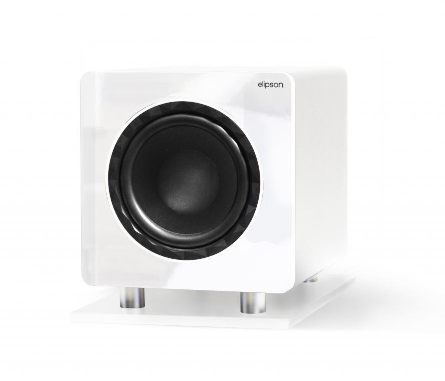 En vit subwoofer med glänsande yta och rund högtalare.