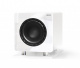 Elipson Prestige Facet Sub 8, vit En vit subwoofer med glänsande yta och rund högtalare.