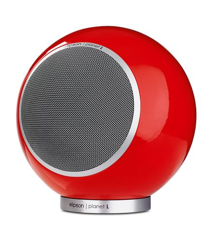Röd rund klothögtalare från Elipson med silverdetaljer.