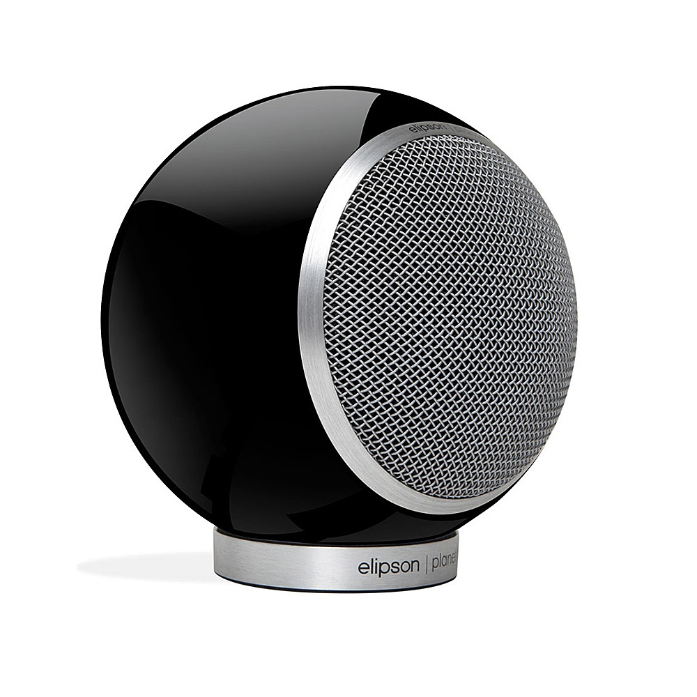 Svart klothögtalare med rund form och metallgrill, modern design.