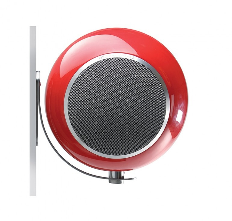 Röd väggmonterad högtalare med rund design och grill.