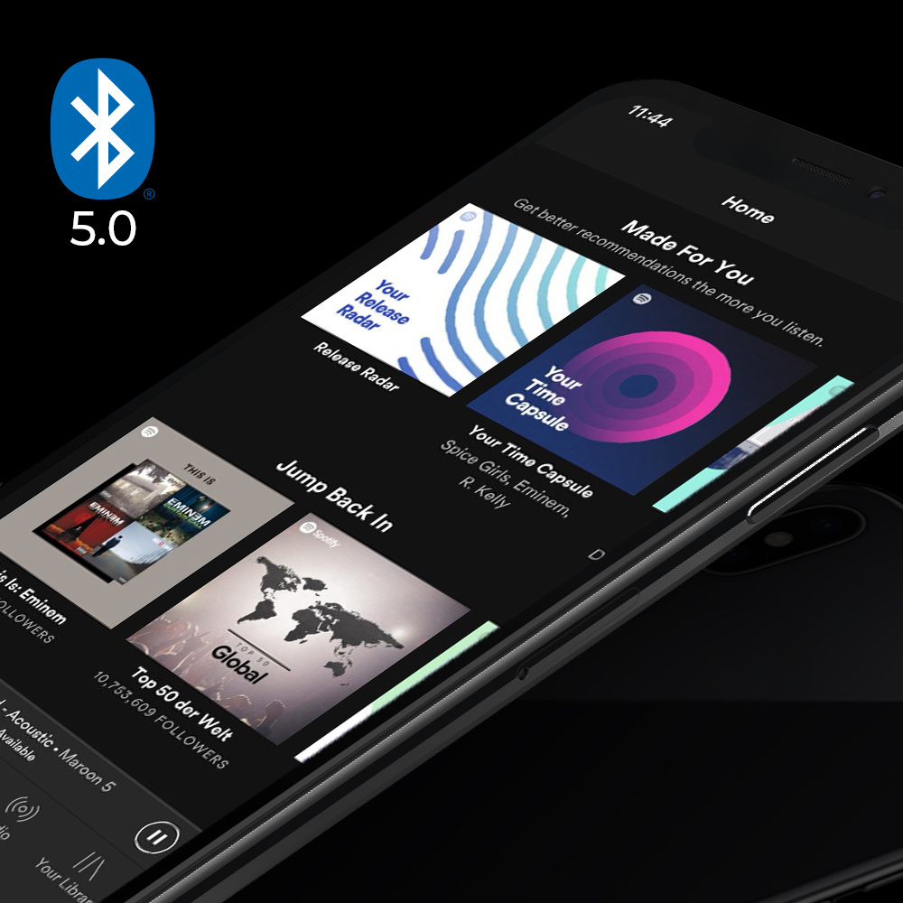 En smartphoneapp med musikval och Bluetooth 5.0-funktionalitet.