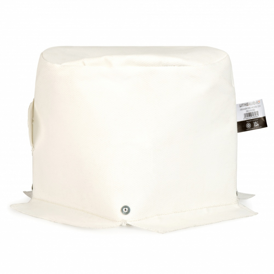 Ett vitt skydd för högtalare, designat för att dämpa ljudöverföring.