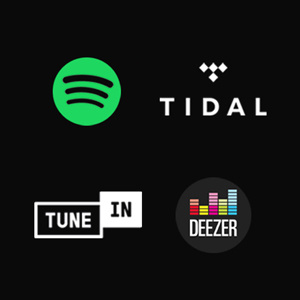Fyra logotyper för musikstreamingtjänster: Spotify, Tidal, TuneIn och Deezer.