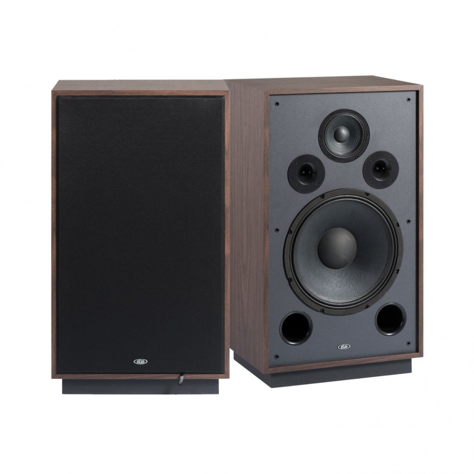 Golvhögtalare i valnöt med svart front och flera ljuddrivare.