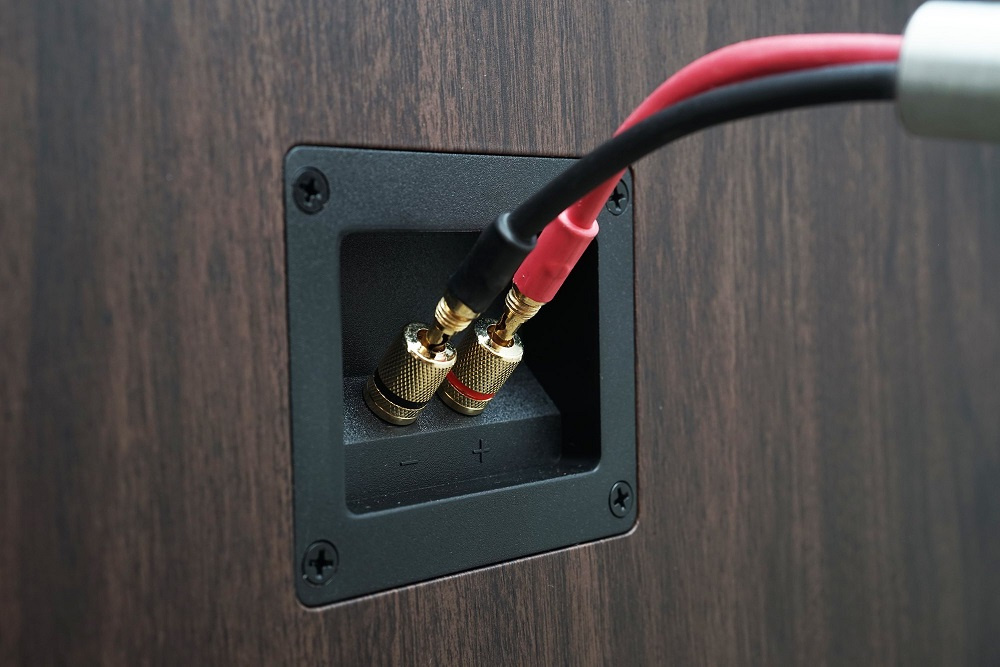 Kabelanslutning till golvhögtalare med guldpläterade kontakter.