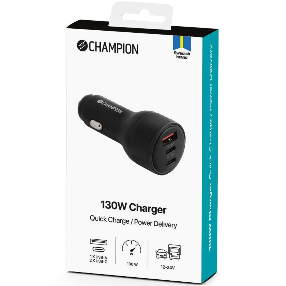 Champion Billaddare 130W 3-port QC/PD, svart