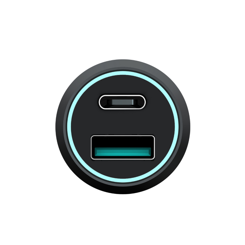 En rund billaddare med två USB-portar, en USB-C och en USB-A.