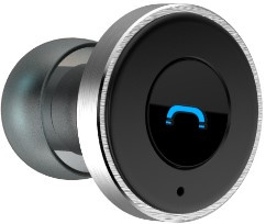 Bluetooth handsfree med USB-laddare, rund design och blå indikator.