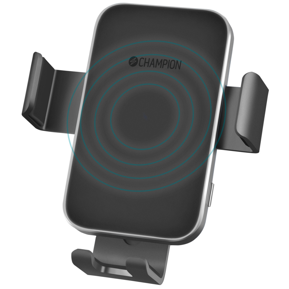 Mobilhållare med trådlös QI-laddare, svart och silver.