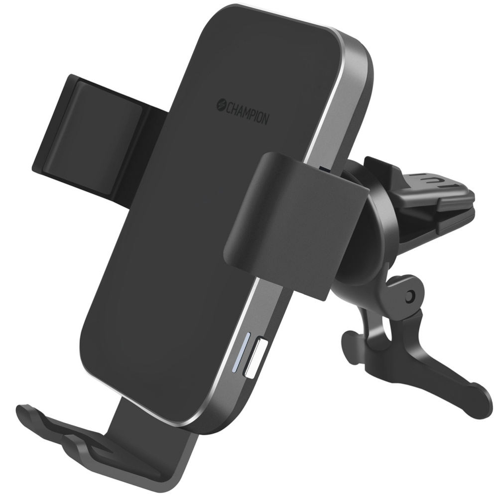 Mobilhållare med trådlös QI-laddare, svart design.