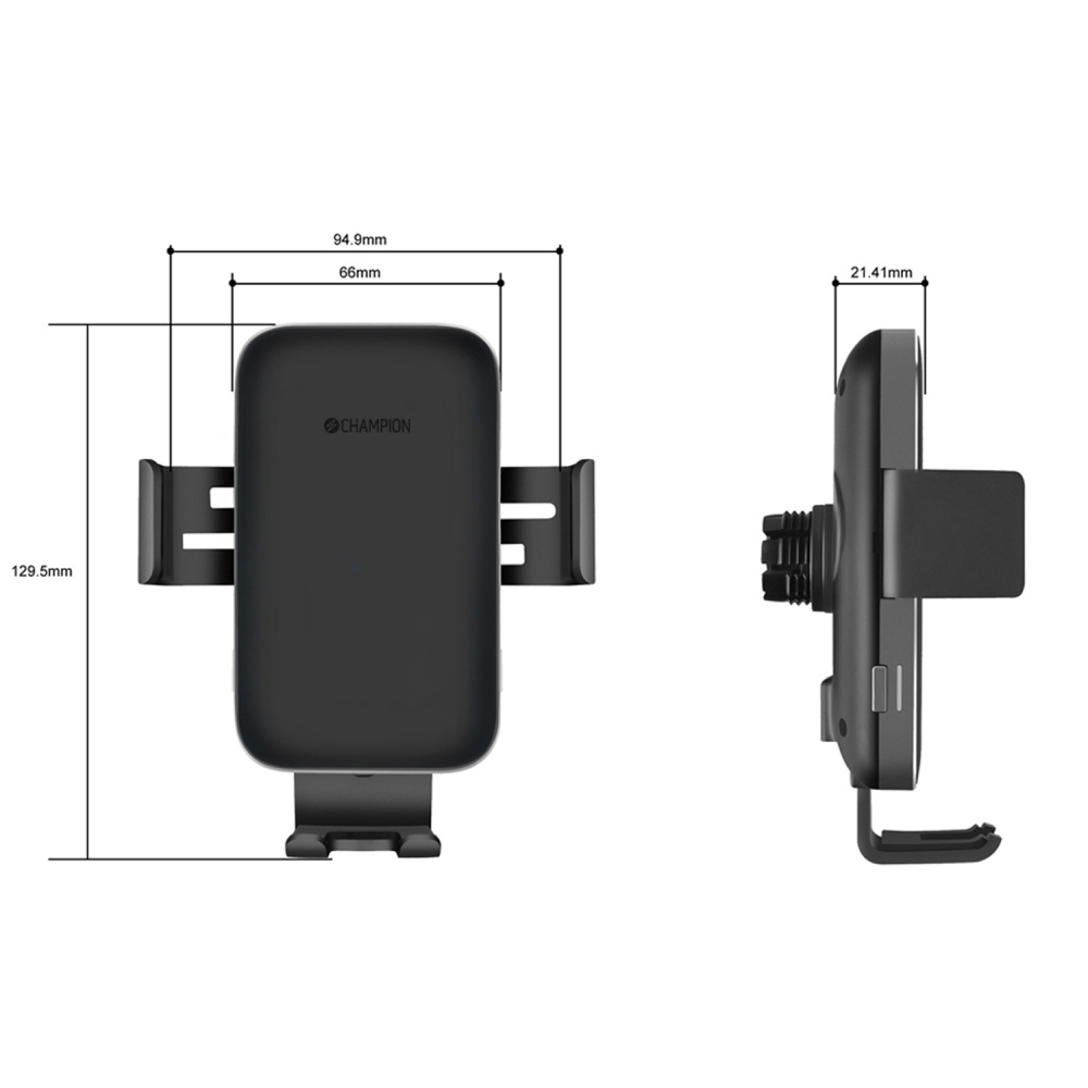 Mobilhållare med trådlös QI-laddare, svart, med mått angivna.