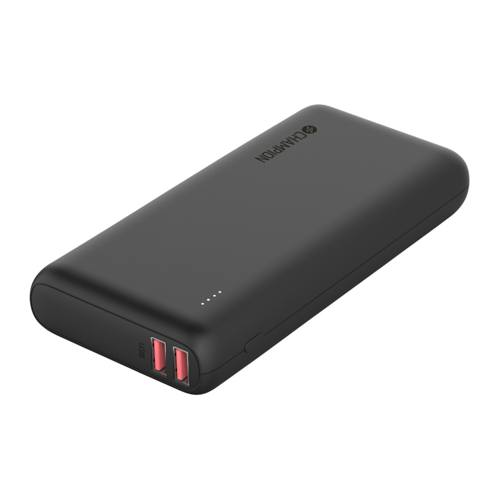 Powerbank i svart med 20.000 mAh kapacitet och två USB-portar.