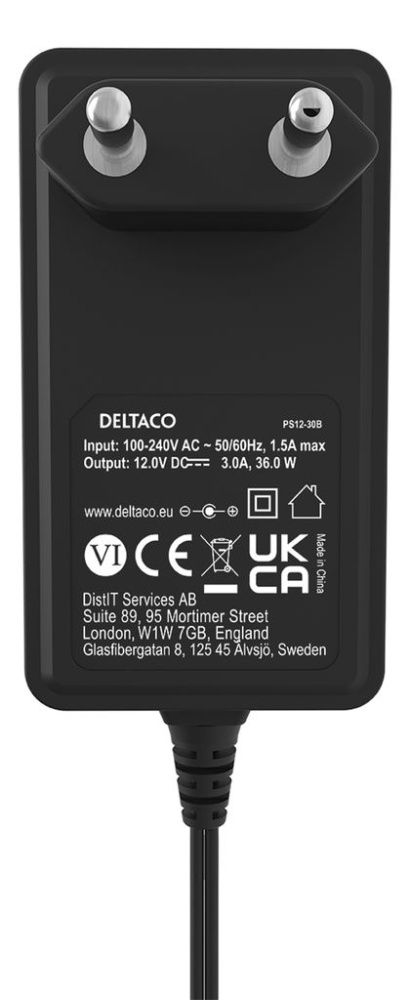 Deltaco PS12-30B strömadapter 12 V DC/3 A, svart