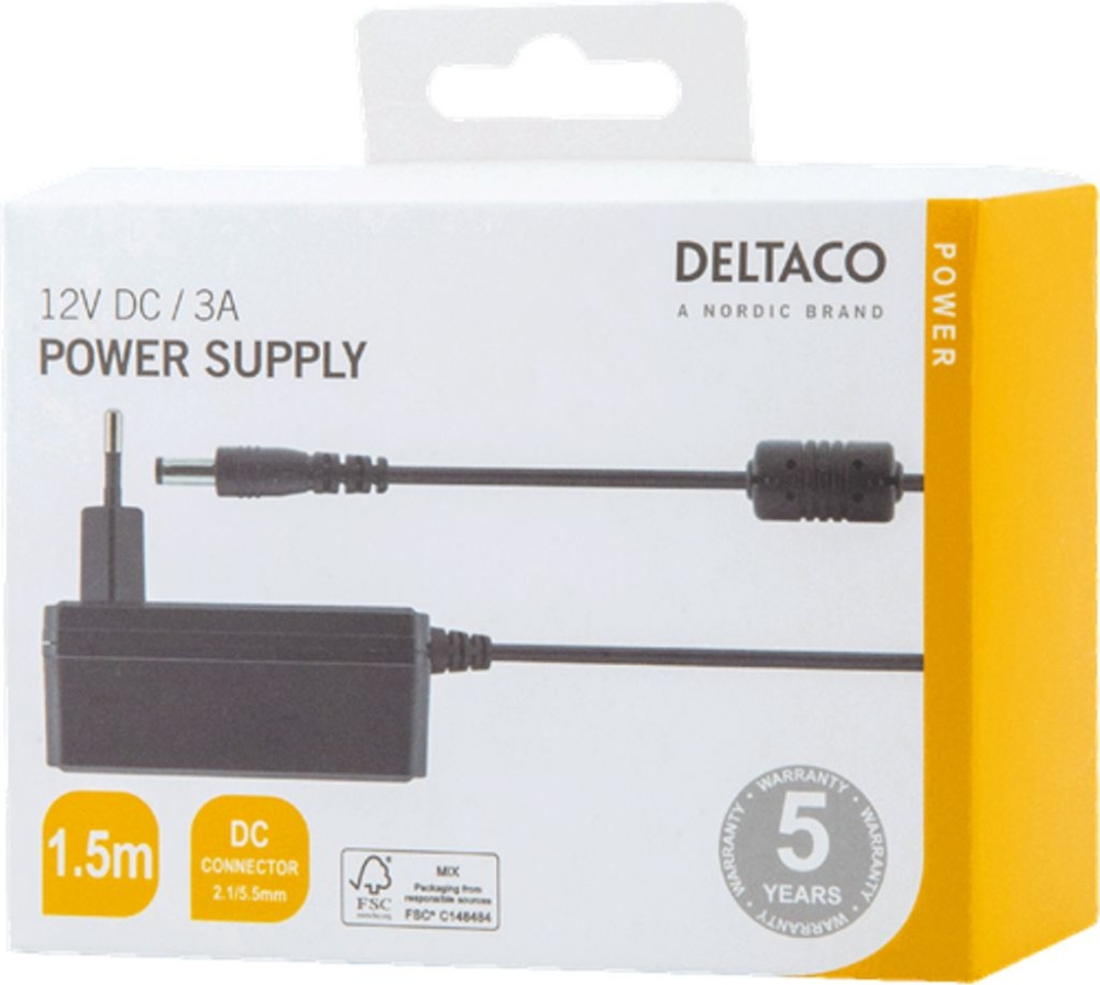 Deltaco PS12-30B strömadapter 12 V DC/3 A, svart