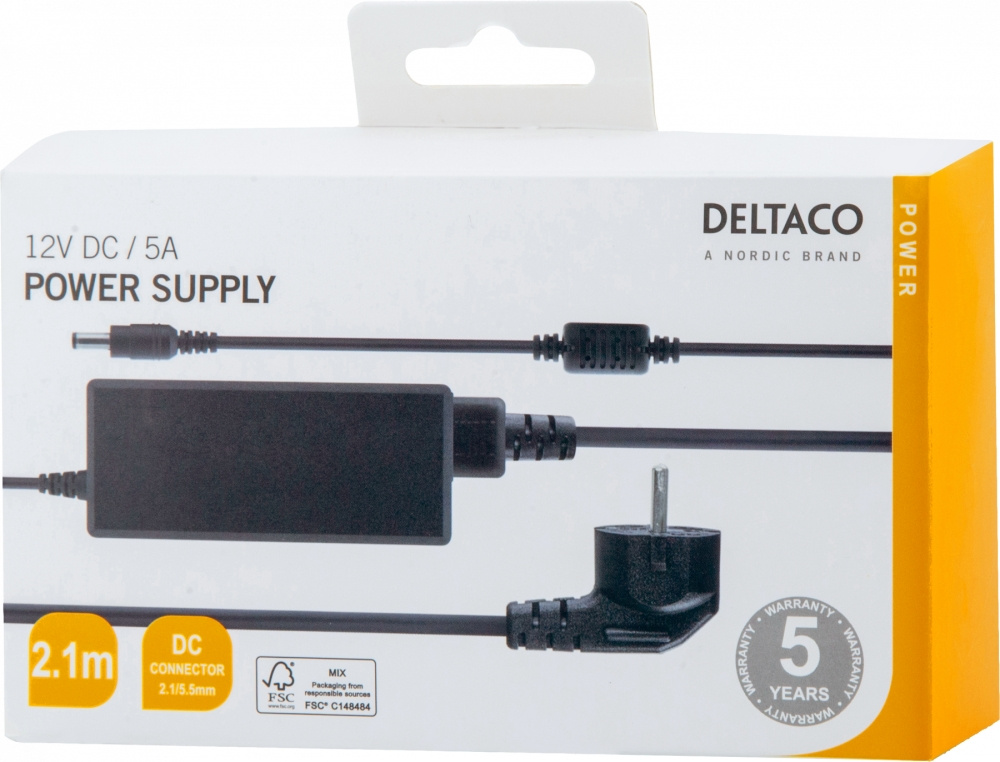 Deltaco PS12-50B strömadapter 12 V DC/5 A, svart