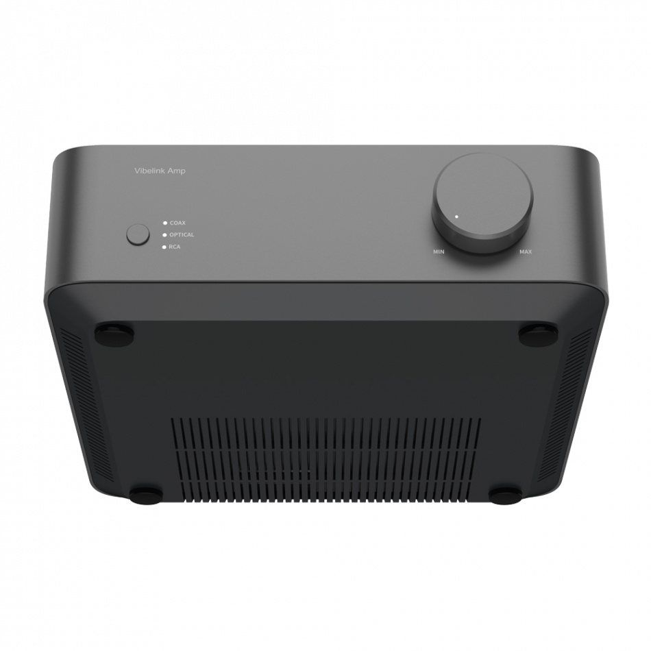 En grå stereoförstärkare med knappar och ventiler på ovansidan.