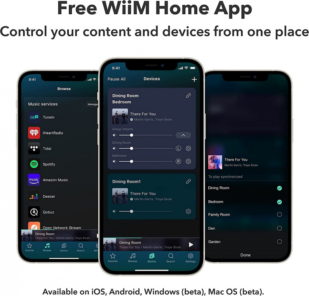 Tre mobilskärmar som visar WiiM Home App för musikströmning och enheter.
