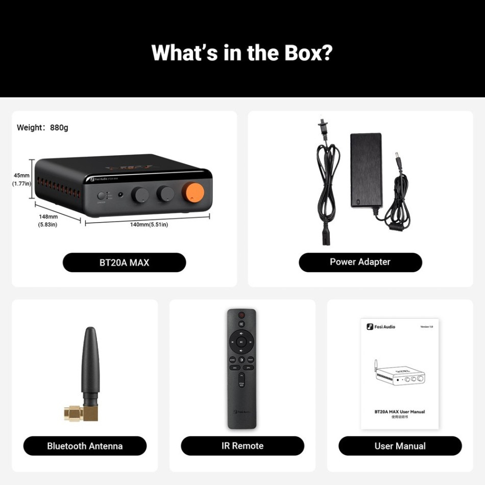 Fosi Audio BT20A MAX stereoförstärkare med Bluetooth & 48V nätdel