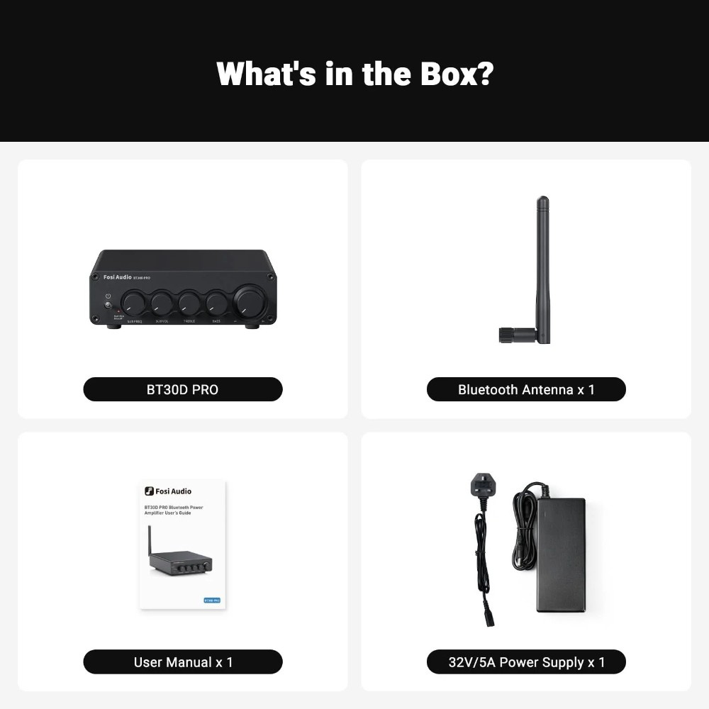 Fosi Audio BT30D, stereoförstärkare med Bluetooth & 32V nätdel