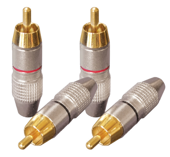 Fyrpack RCA-kontakter med guldkontakter och metallhölje.