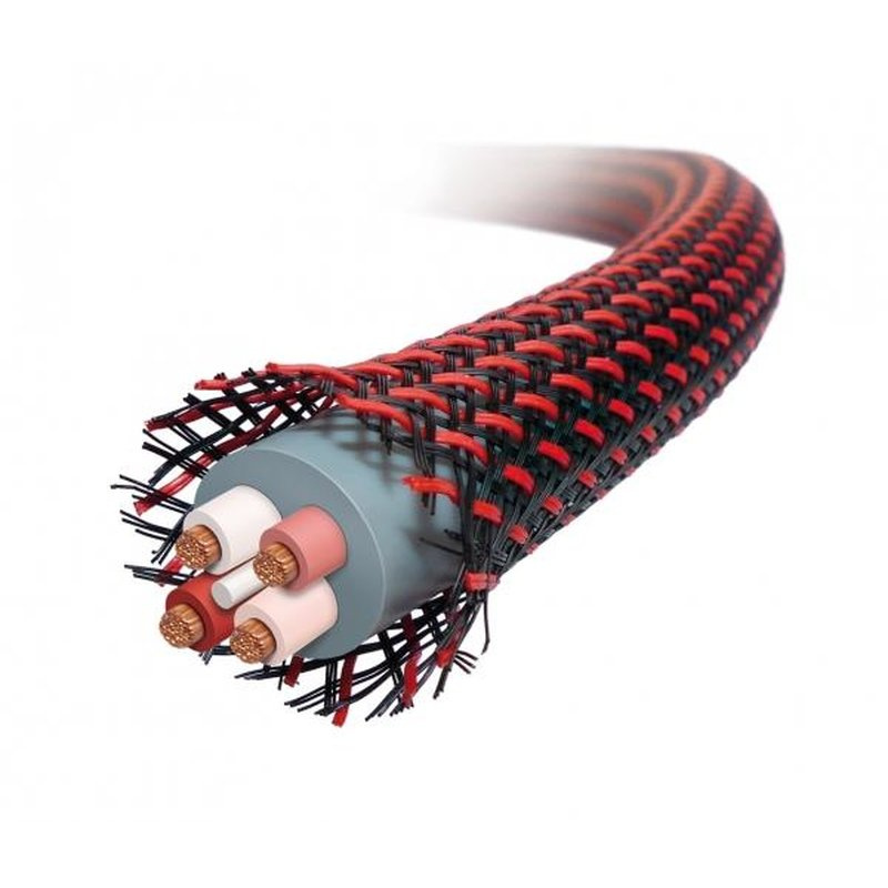 Högtalarkabel med röd och svart flätad isolering och fyra ledare inuti.