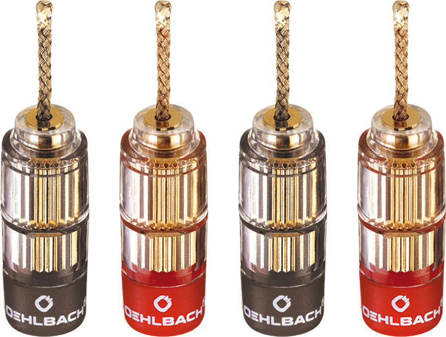 Banankontakter i ett 4-pack med olika färger, för audioanslutningar.