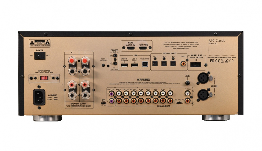 Bakpanel av A10 Classic rörförstärkare med flera ljud- och HDMI-portar.