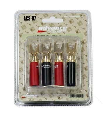 Fyra spadkontakter i röd och svart för ljudanslutningar.