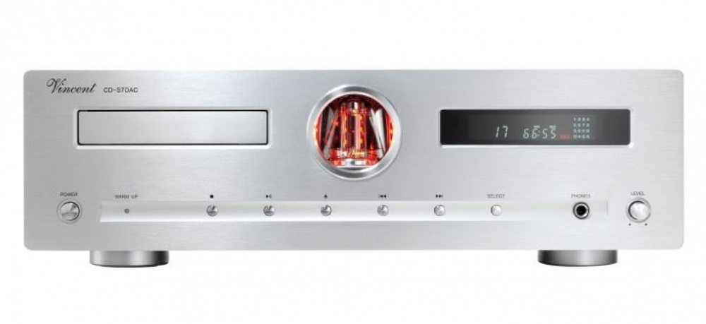 En silverfärgad CD-spelare med DAC och en rördisplay.