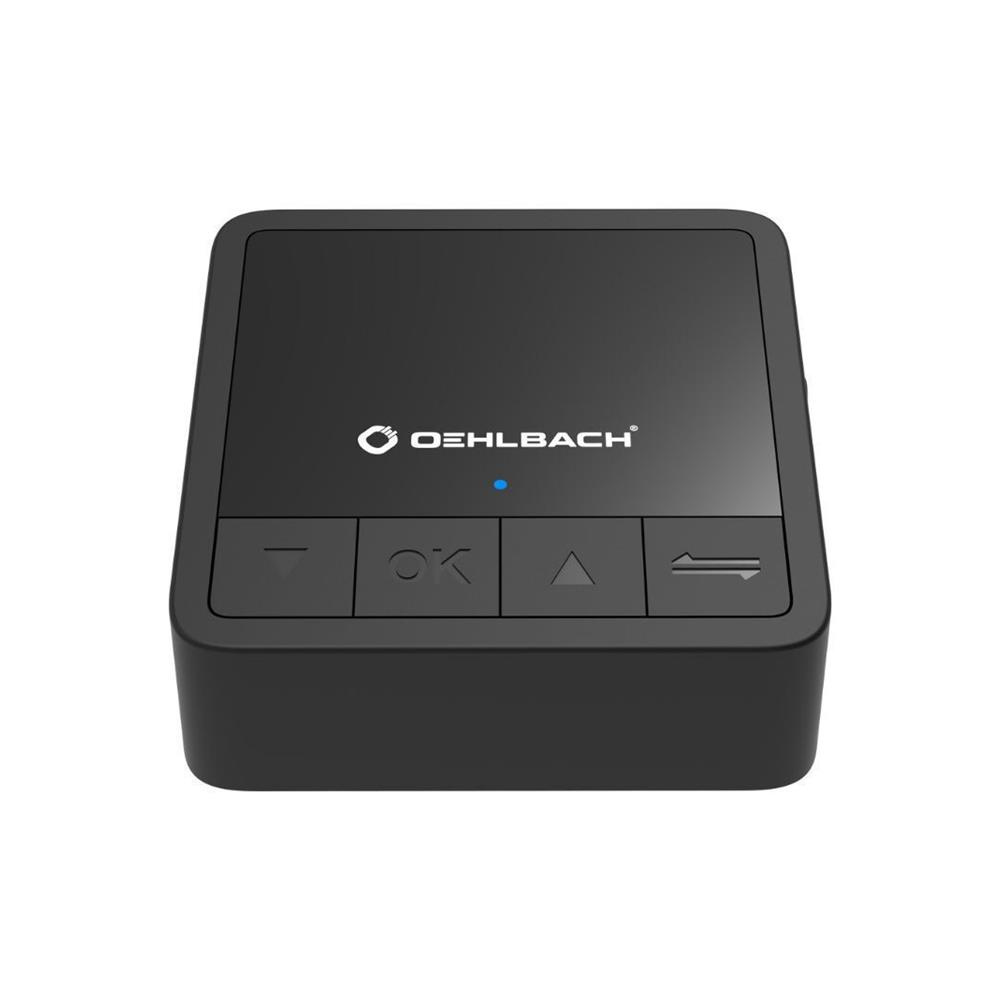 Bluetooth-adapter med fyra knappar och svart yta. Kompakt design.