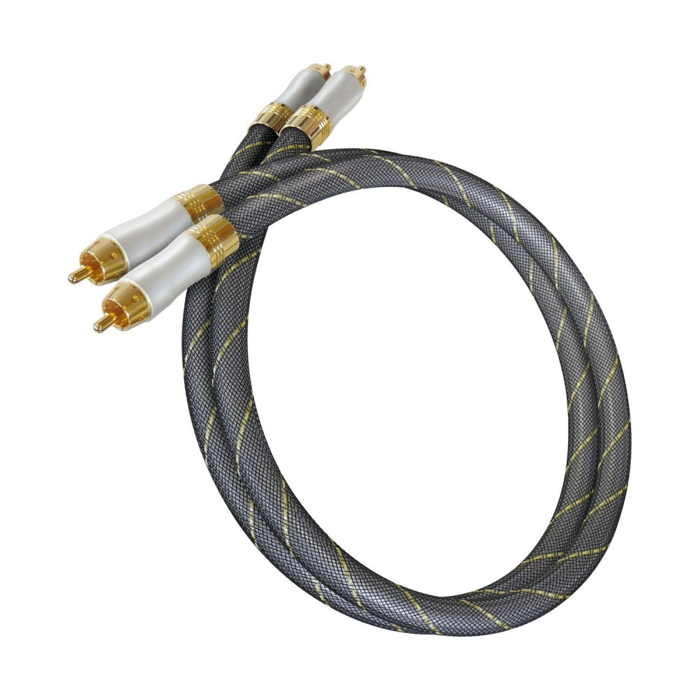 En kabel med guldpläterade kontakter och en tvinnad design.