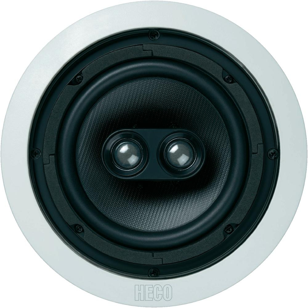 Rund inbyggnadshögtalare med dubbla element och svart membran.