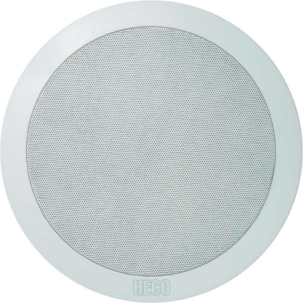 En rund, vit takhögtalare med galler och HECO-logotyp.
