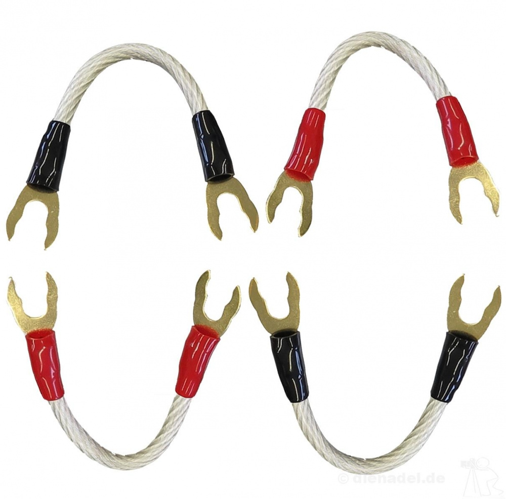 Kabeljumpers med gaffelkontakter och isolering i rött och svart.