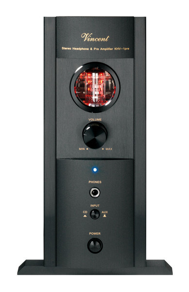 En svart stereo hörlurs- och förförstärkare med volymkontroll och rör.