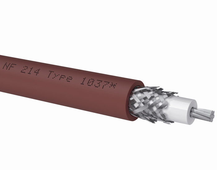 En kabel av är typ NF-214 med metallskärm och vit isolering.