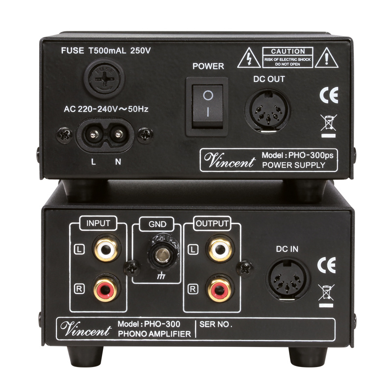 Vincent PHO-300 RIAA-steg med anslutningar för ljud och ström.