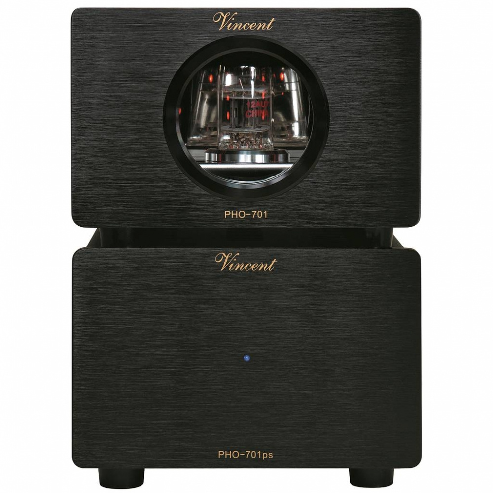 Rörbestyckat RIAA-steg med USB, svart design och visuell rörkomponent.