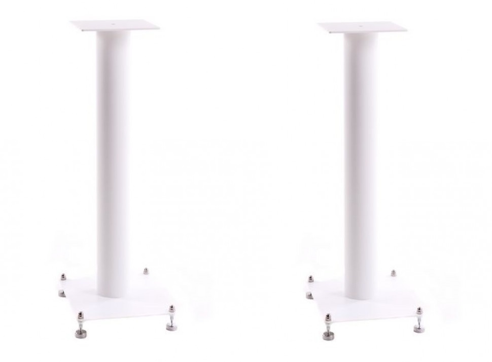 Två vita högtalarstativ, 61 cm höga, med stabila baser.