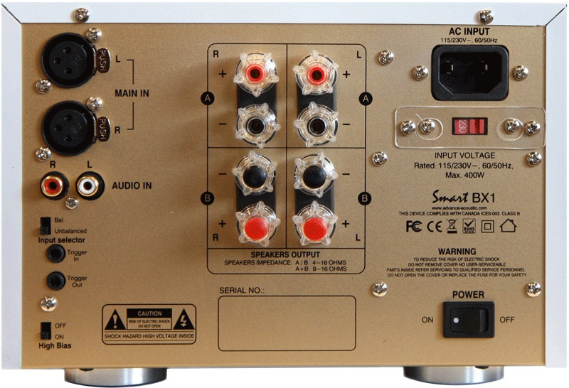 Bakpanelen av en förstärkare med anslutningar för högtalare och ström.