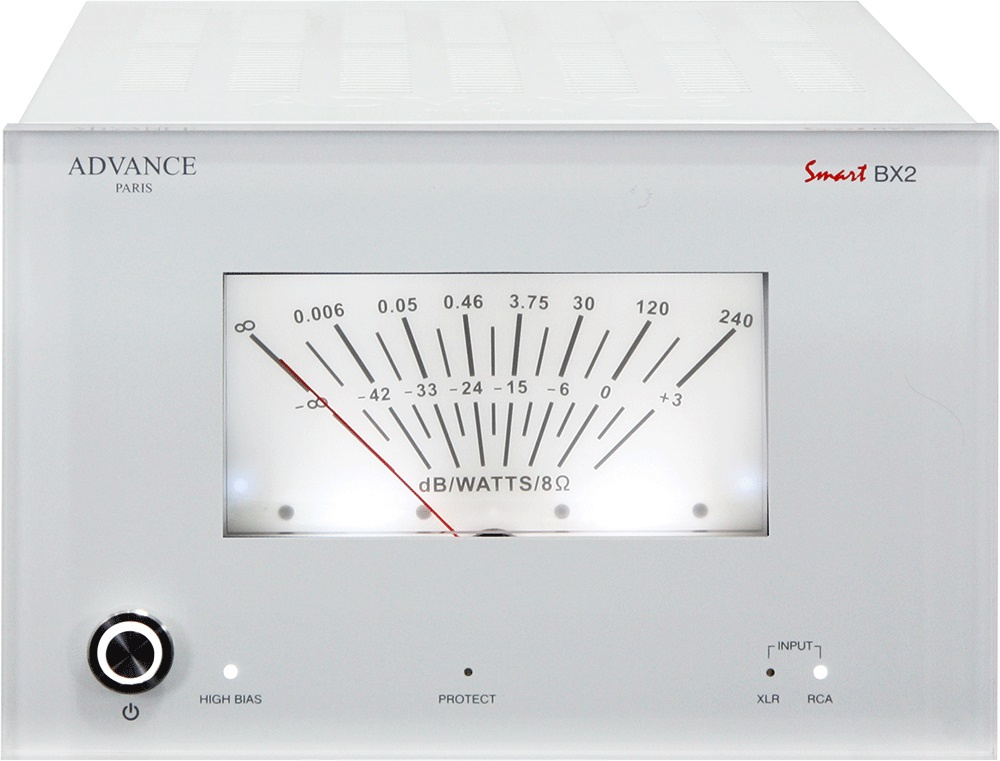MIDI-monoblock förstärkare med mätare och olika ingångar. Vit design.