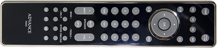 En svart fjärrkontroll med knappar för funktioner och inställningar.