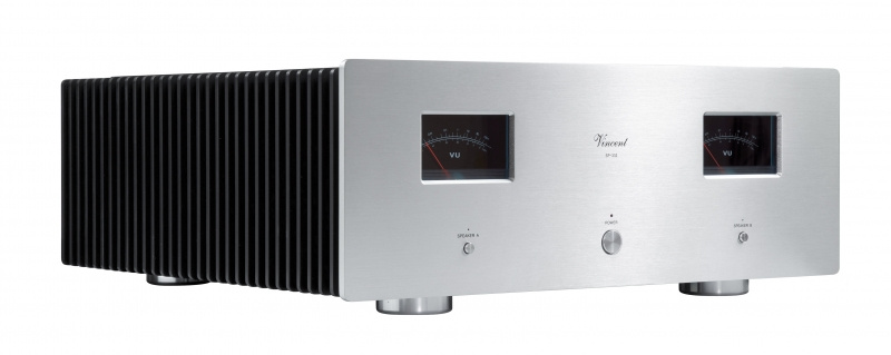 Vincent SP-332 slutsteg med rör-ingång i silver, med mätare och kylaribbor.