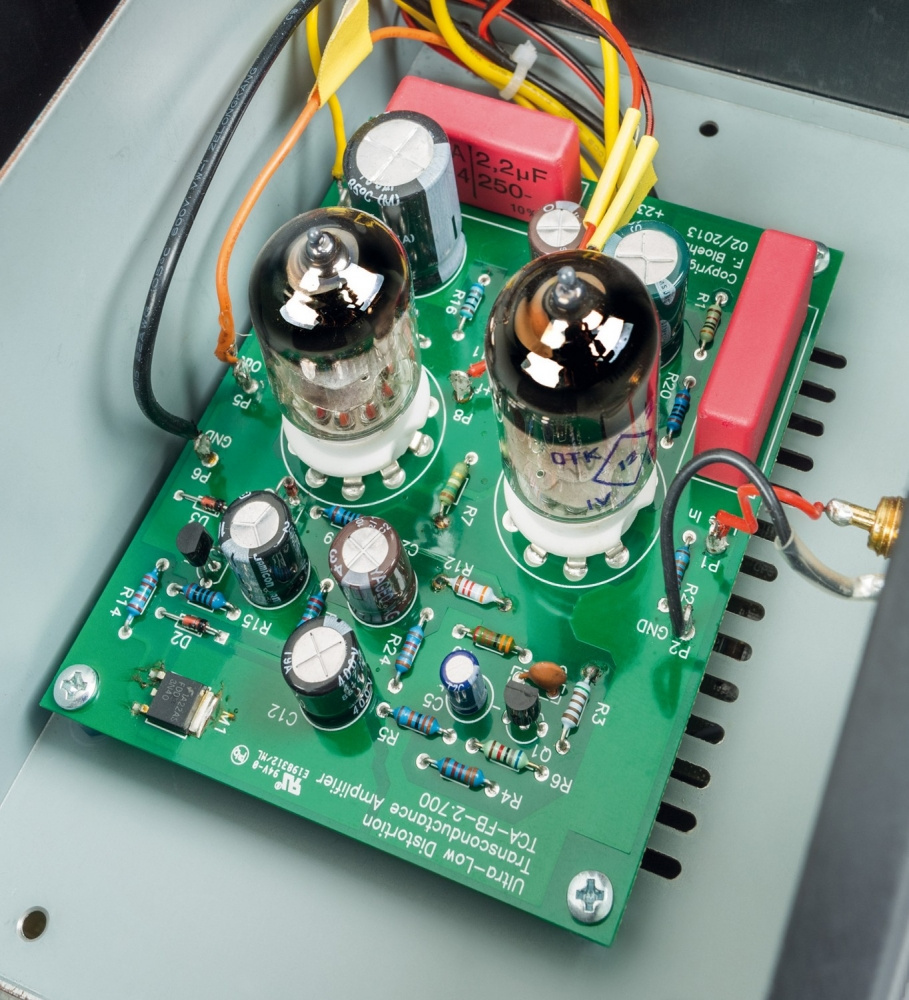 Kretskort med rörkomponenter och elektroniska delar för förstärkare.