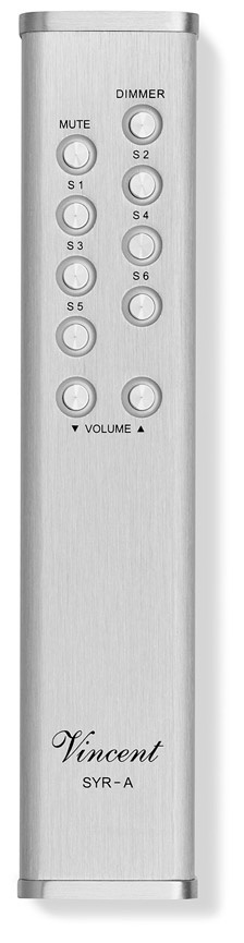 Fjärrkontroll i silver med knappar för volym och funktioner.