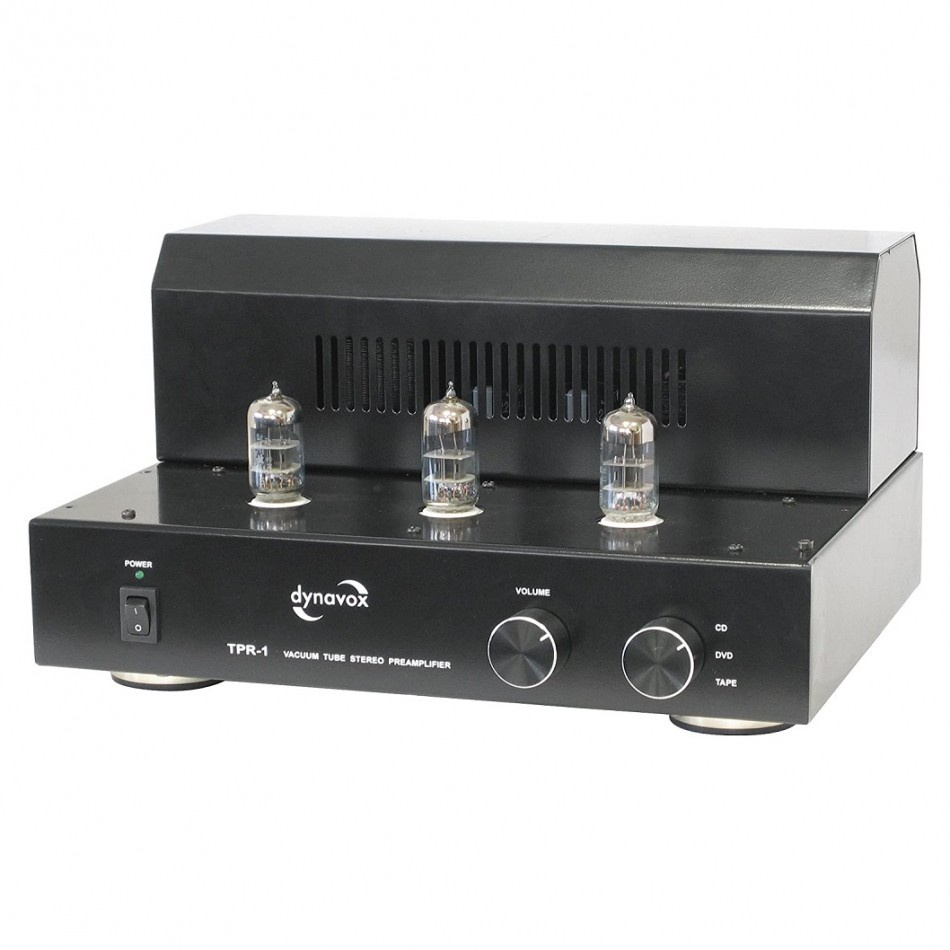 Rörförstärkare i svart med tre rör och ljudkontroll.