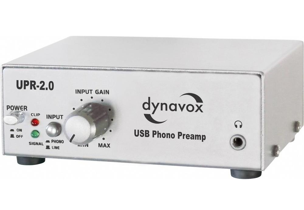 En silverfärgad USB phono-preamp med reglage för ljudinställningar.