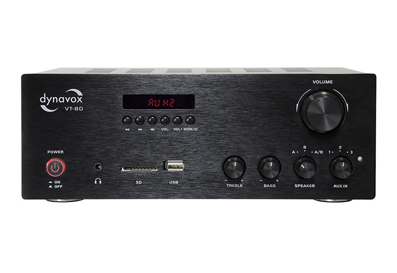 Svart midiförstärkare med kontroller för ljud och anslutningar.